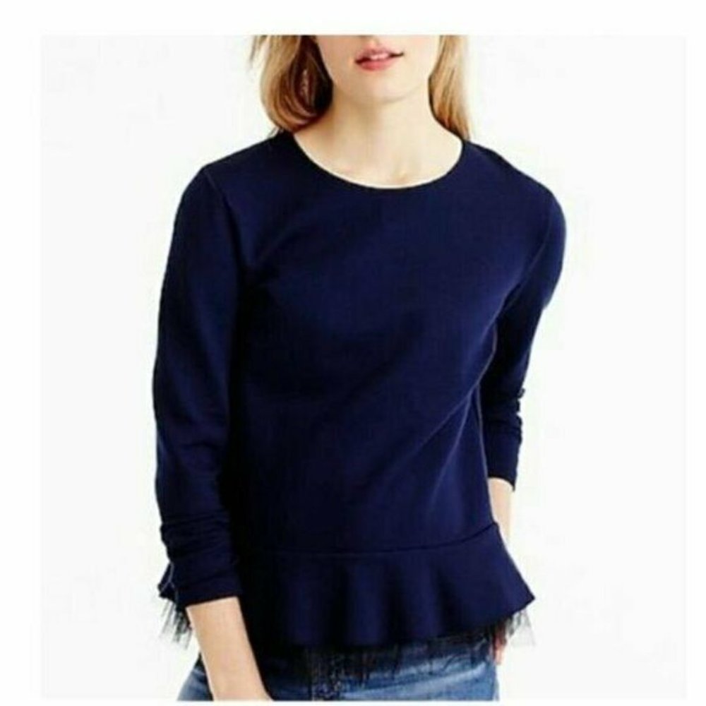 J. CREW  Ruffled Lace Hem Tulle Peplum Long Sleeve Top